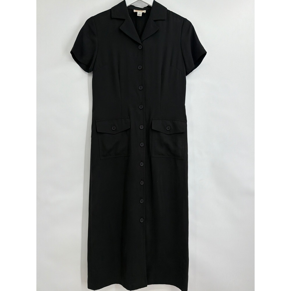 Vtg Talbots Petite Black Short Sleeve Button Front Maxi Dress Utility Pockets 2P